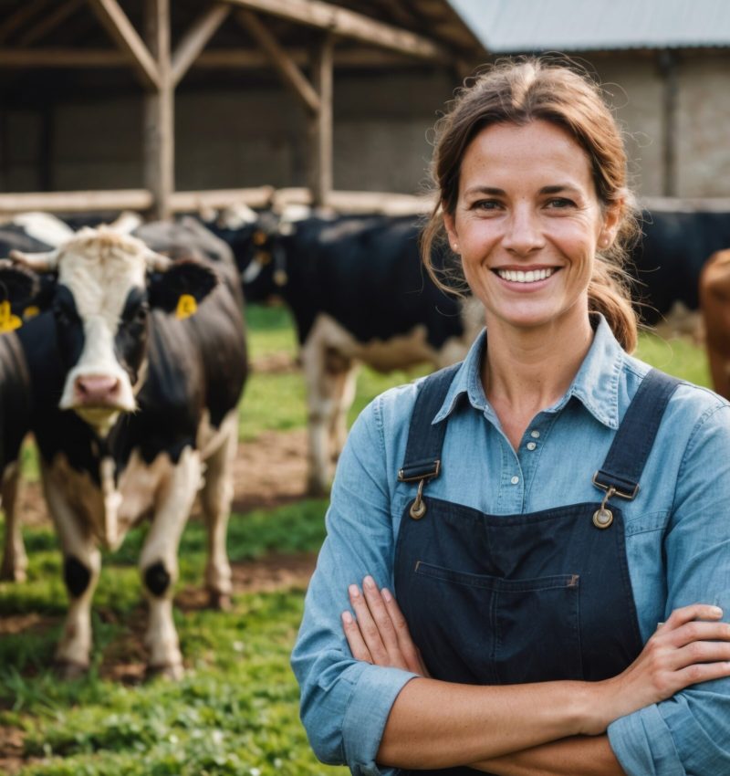Smiling female proffesional farmer standing near cows at farm