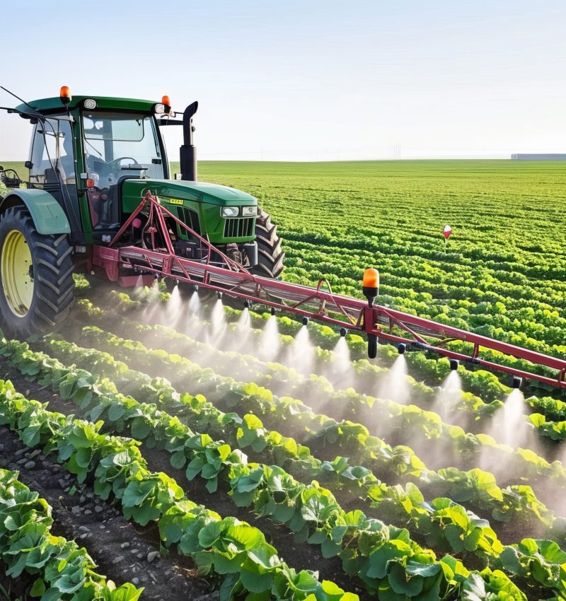 Tractor spraying pesticides on a green field, agriculture background photo concept