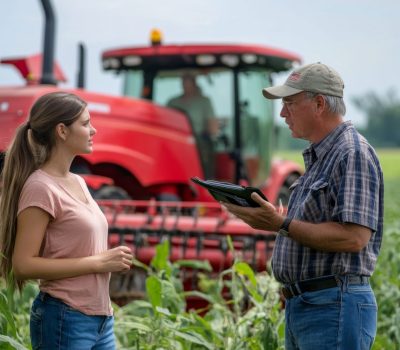 Farmer is holding a tablet and explaining something to a young insurance agent in a cornfield with a tractor in the background
