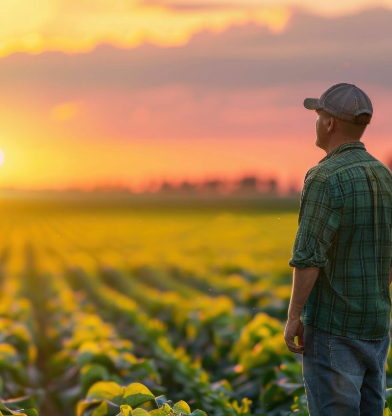 A farmer stands amidst a vast lush field gazing thoughtfully at the setting sun The serene rural landscape suggests the importance of agricultural activities and the need to plan for unpredictable