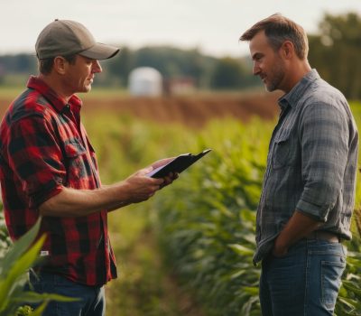 Crop insurance agent discussing coverage options with a farmer in a field.