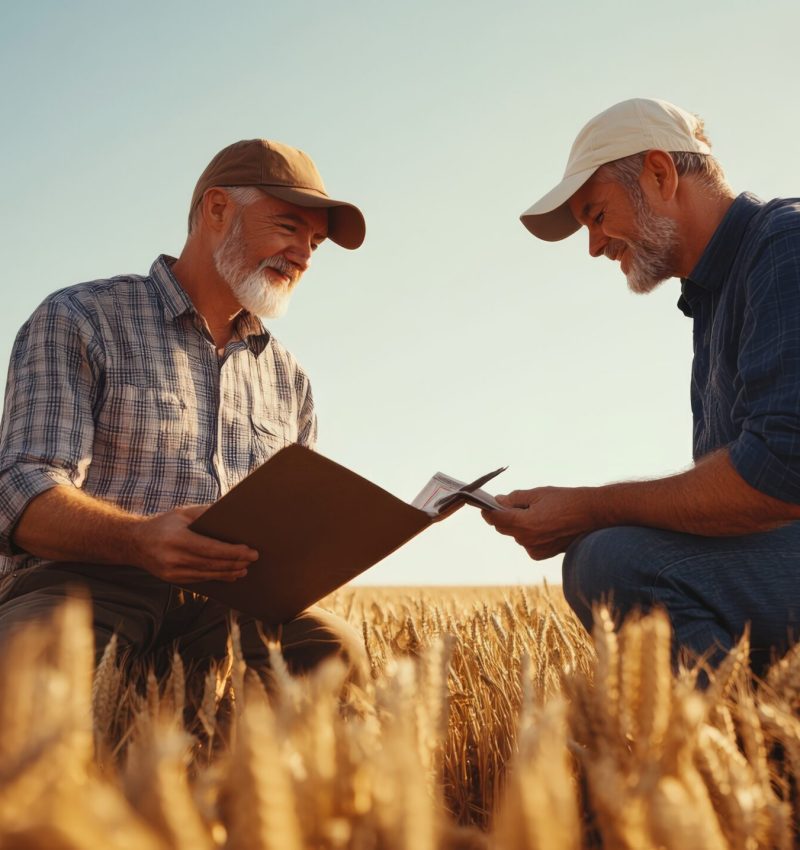 Crop insurance agent discussing coverage options with a farmer in a field.
