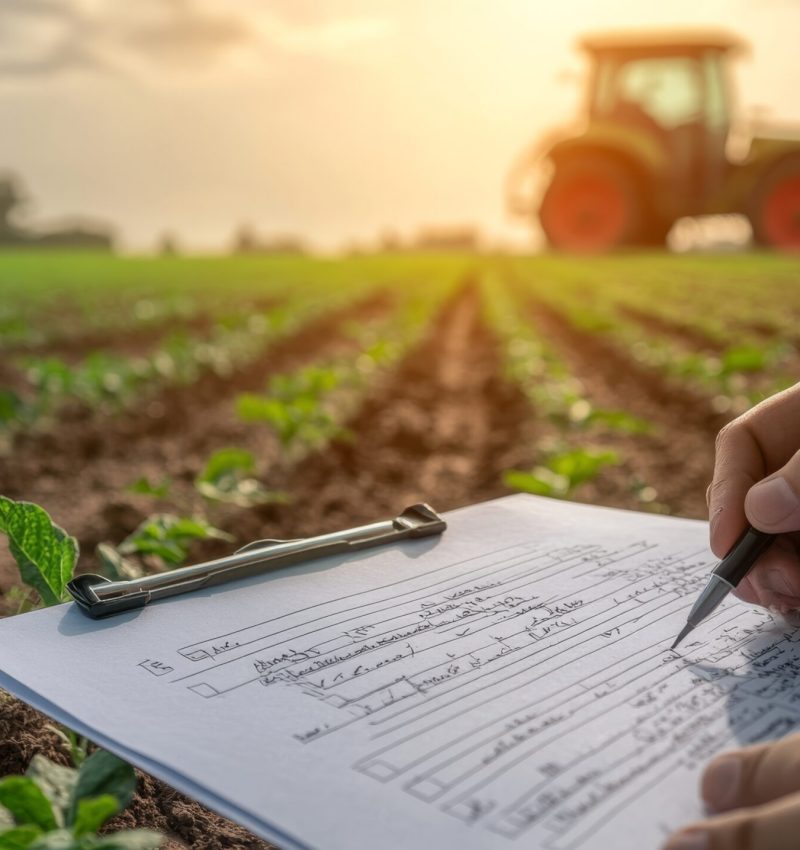 Crop insurance policy being signed with focus on the document and agricultural tools.