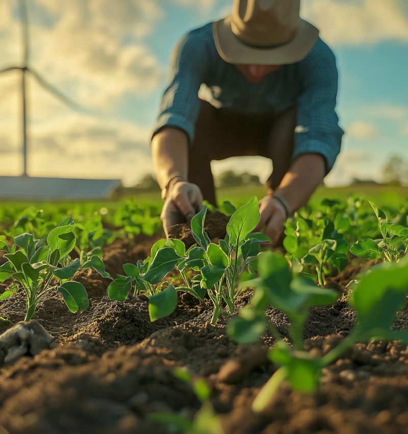 Farmer tending crops in field with solar panels and wind turbines, sustainable agriculture and renewable energy concept, modern farming practices in scenic rural landscape