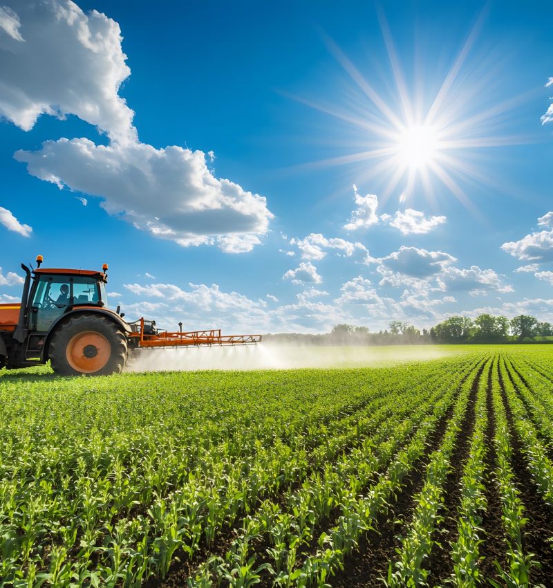 A tractor is driving through the field, spraying integrated sprays on crops