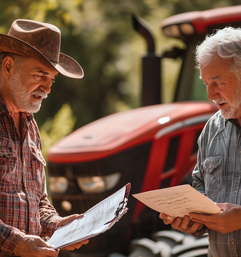 Business agent and senior farmer talking about loan contract with bank in front of tractor on ranch : Generative AI