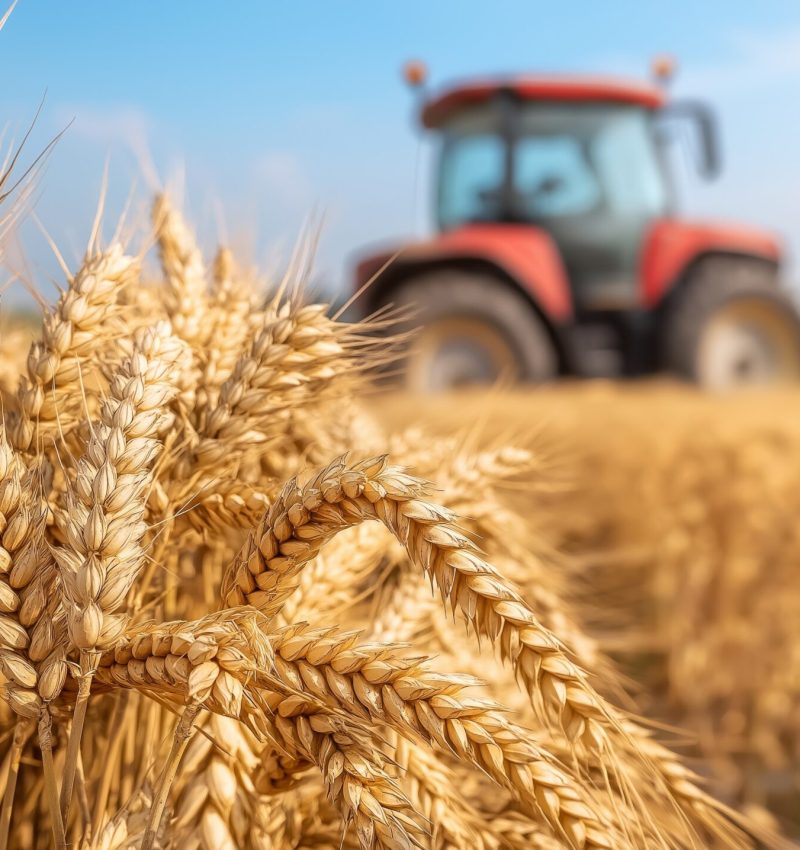 Golden wheat stalks in focus with a tractor harvesting in the background, representing the farm-to-table movement, sustainable agriculture, and natural food production.