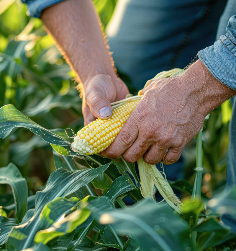 A person in denim jeans is picking corn from the field, holding an ear of sweet shiny golden colored young sweet Italian-style fresh and juicy corn. The scene captures their hands delicately reaching into green leaves to pick up one yellow straight cob of organic small ears of spear-shaped Mexican corncob with bright red stripes. It's a sunny day, and soft sunlight illuminates them as they carefully place it on his chest, creating a cinematic atmosphere. The photo was taken in the style of Nikon D850 camera using a wide-angle lens at an f/4 aperture setting. --ar 5:4 --stylize 250 Job ID: 924630c4-c689-41d0-97a0-ec560b8913c3